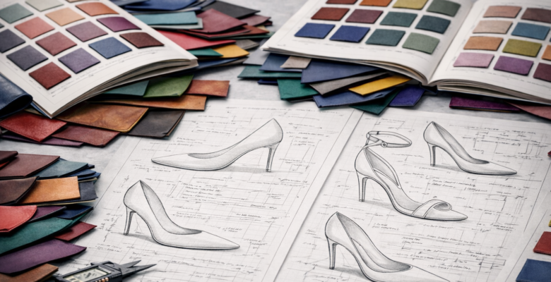 Table with sketches of shoes and colorcards